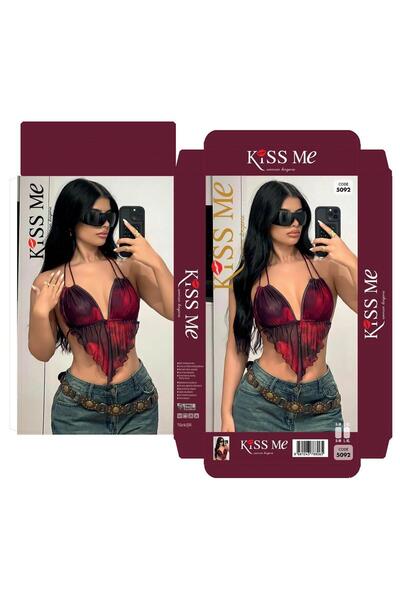 Modaley Giyim Women's Burgundy Transparent Drawstring Bustier Top