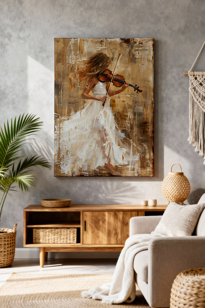 ART NEST DEKOR BEYAZ ELBİSELİ KEMANCI KIZ CANVAS TABLO