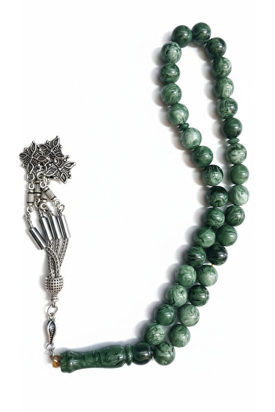 HASANHEDİYELİK Yeşil Toz Kehribar Tesbih 33’lü – Gümüş Renk Püsküllü – Hediyelik