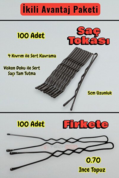 Technow 100 Adet Tel Saç Tokası+100 Adet 0.70 Saç Firketesi Toplam 200 Adet