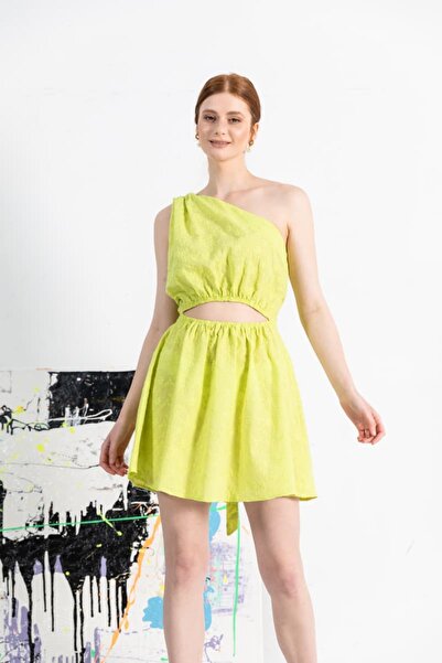 By Mare Style Avril-Organic Cotton One Shoulder Green Brode Mini Dress