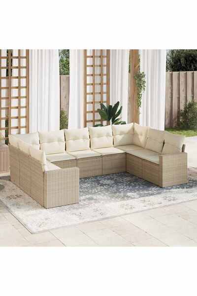 vidaxl طقم كنب حديقة مكون من 9 قطع مع وسائد، لون بيج، مصنوع من البولي راتان