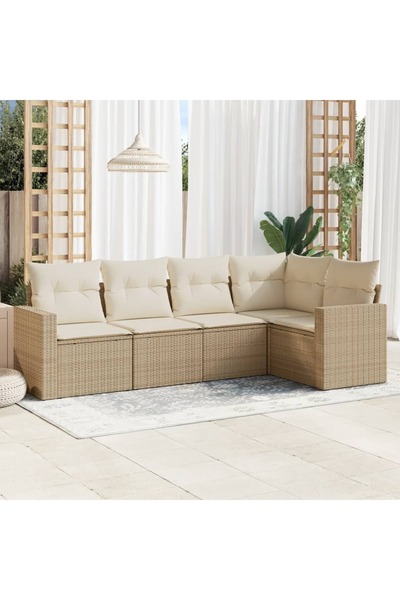 vidaxl 5 Piece Garden Sofa Set with Cushions Beige Poly Rattan