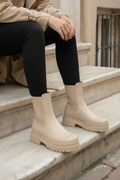 saramary Women's Beige Below-The-Knee Thick Sole Waterproof Boots Elastic Side Band Non-Slip Sole Skin Casual Boots