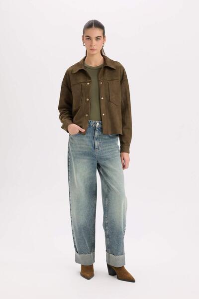 DeFacto Crop Suede Shirt Jacket with Snap Pockets (24 Wn)