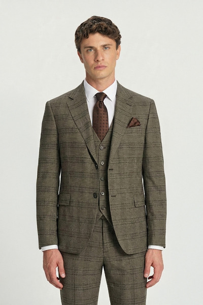 Sabri Özel Giotelli Kahve Slim Fit Ekose Desenli Mono Yaka Yelekli Takım Elbise