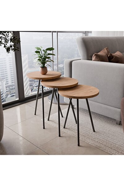 Eco Room Güneş 3'lü Zigon Sehpa - Atlantik Çam - 47x33,6x33,6 cm