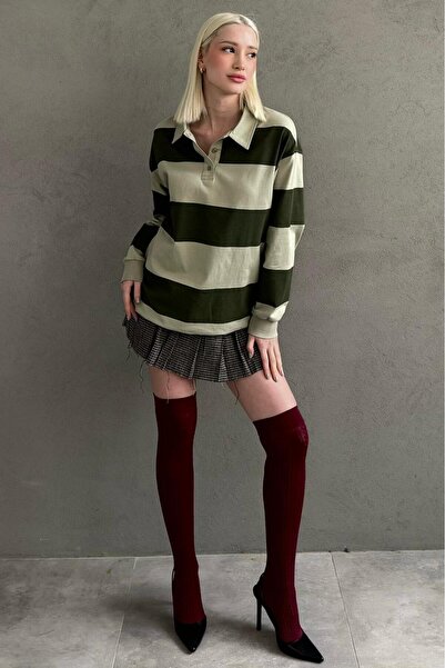 Madmext Mint Yeşili Çizgili Düğmeli Polo Yaka Kadın Uzun Kollu Tişört MG2586