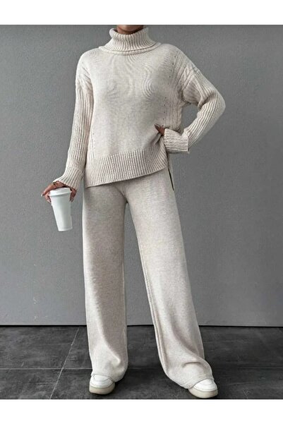 NLT Women's Corded Fabric Collar Hair Knit Patterned Side Slit Knitwear Set Anthracite