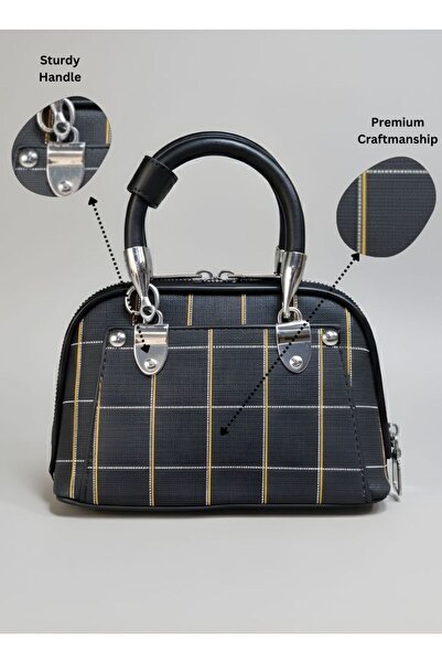 Premium Black & Gold Line Pattern Structured Handbag for Women