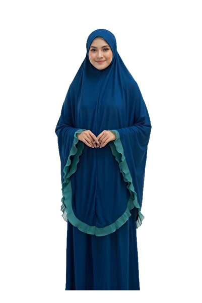 Premium Deep Navy Blue Prayer Dress with Green Trim Modest Abaya for Salah
