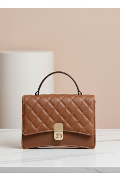 Premium Brown Quilted Top Handle Handbag for Women with Gold Lock Closure