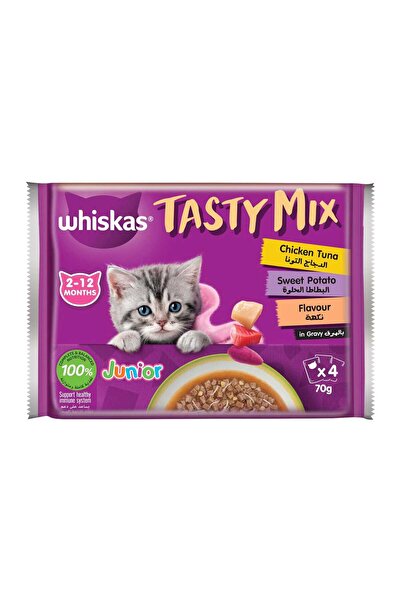 Whiskas مزيج لذيذ من الدجاج والتونة والبطاطا الحلوة في مرق، طعام رطب للقطط الصغيرة