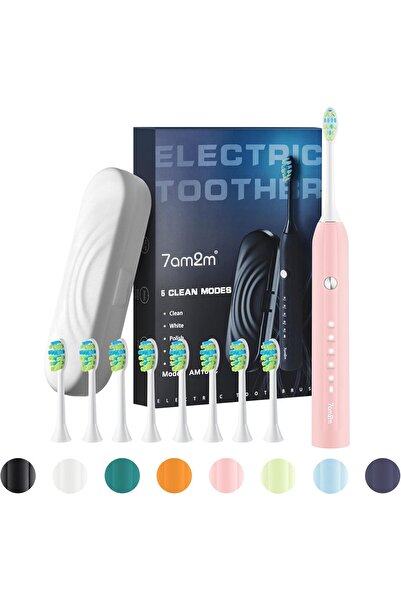 7am2m فرشاة أسنان كهربائية سونيك للبالغين والأطفال، مع حقيبة سفر و8 رؤوس فرشاة، 5 أوضاع مع
