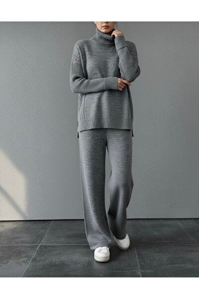 NLT Women's Corded Fabric Collar Hair Knit Patterned Side Slit Knitwear Set Anthracite