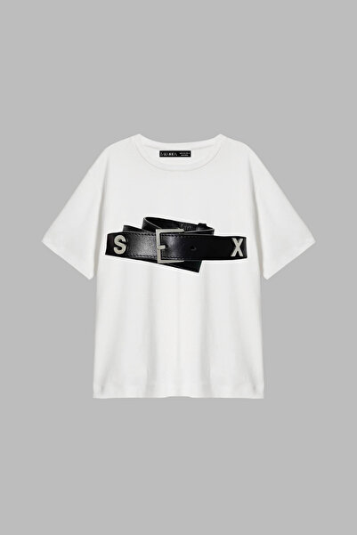 Bak Moda Hot Belt cu imprimeu croi relaxat Alb Femei tricou