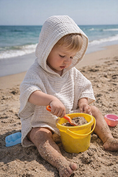 Heianmono Kids Shepherd's Stitch 4-Layer Beige 100% Cotton Baby Muslin Poncho