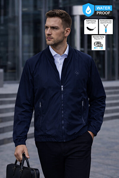 BESSA Navy Blue Waterproof College Collar Regular Fit Zippered Pocket Lined Transitional Men's Coat