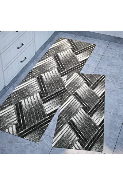 OEM Set of 2 Amira Anti-Slip Rugs, Grey with Black, 60 x 120 / 60 x 240 cm
