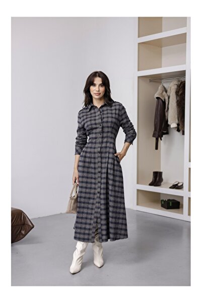 Elif Özbey Butik Vizon Lacivert Ekoseli Boydan Düğmeli Elbise