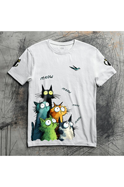 Crea Eymer Wear pisică ler Meau / Cat cu imprimeu și guler rotund tricou alb