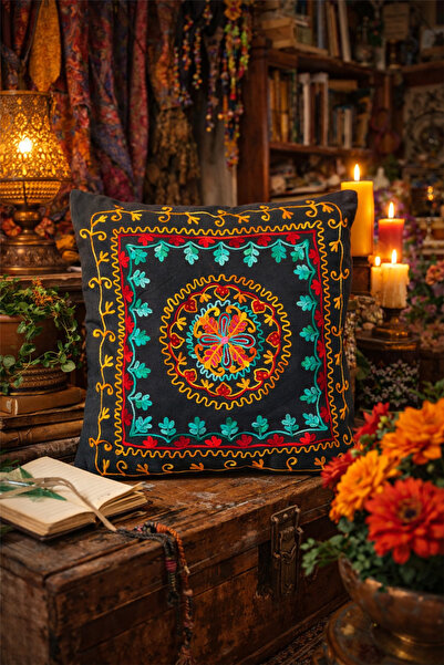 Miss Boheme Black Color Night Latch Embroidered Bohemian Pillow Case 40Cmx40Cm
