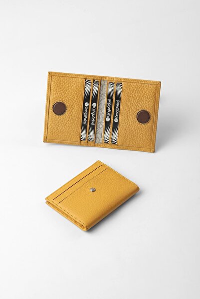 CENGİZ PAKEL Genuine Leather Unisex Card Holder with Hidden Magnet Detail - 2520 - Mustard/Brown