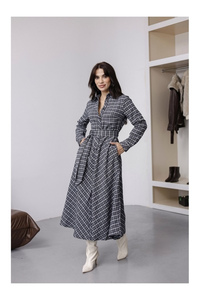 Elif Özbey Butik Lacivert Kuşaklı Ekose Elbise