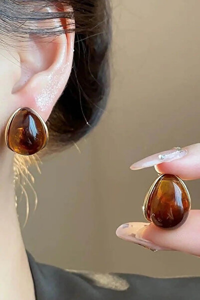 Vitastyle ALTIN RENK KAHVERENGİ DOĞAL TAŞ DETAYLI KÜPE