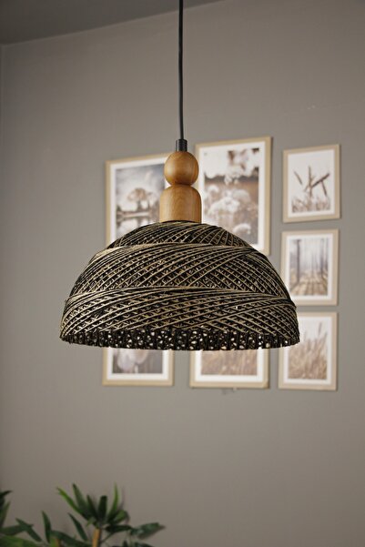 Bamyum Bohem Recycle İplik Jüt El Yapımı Alaca Kahve İplik Kalın Ahşap Boncuk Başlık Avize Tekli Sarkıt