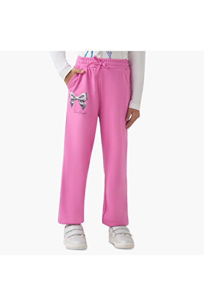 Juniors بنطلون رياضي للبنات مزين بطبعة فيونكة - قطن - خصر برباط