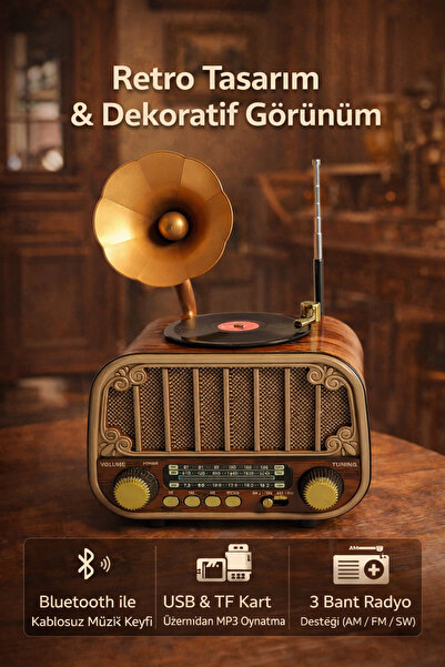 Coverzone 11cm Mini Gramafon Bluetooth Radyo FM AM SW USB MicroSD Şarjlı Taşı...