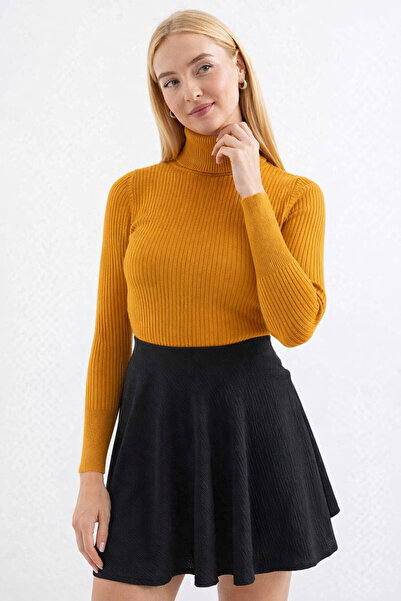 MISSRUBA Women's Mustard Turtleneck Corded Fabric Knitwear Sweater -Fk0001