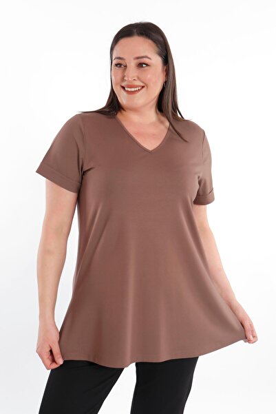 SERTUĞ Γυναικεία μπλούζα με λαιμόκοψη σε σχήμα V άνοιγμα Basic καφέ μπλούζα (T-Shirt)