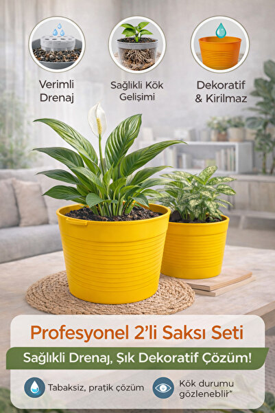 plant-home 2’li Saksı Seti – 15 Pot Üretim Saksısı + 1,8 Litre Sarı Dekoratif Kırılmaz Saksı | Tabaksız Uyumlu