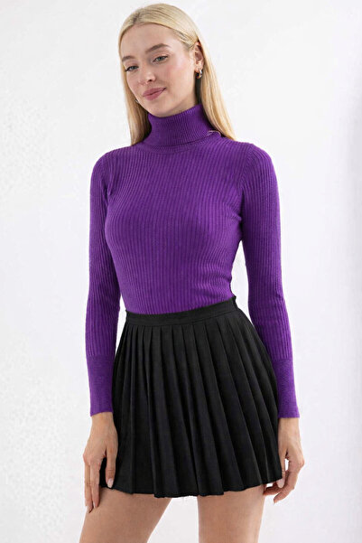 MISSRUBA Kadın Mor Balıkçı Yaka Fitilli Triko Kazak -FK0001