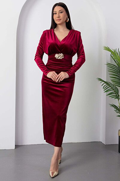 PULLIMM Рокля с кръстосана деколте, събрана талия и колан от кадифе DKS1370
