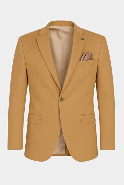 Plus Scorpion Camel Men's Blazer Jacket – Flexible Comfort Fabric, Italian Cut, Single Button S Slim Fit Şı