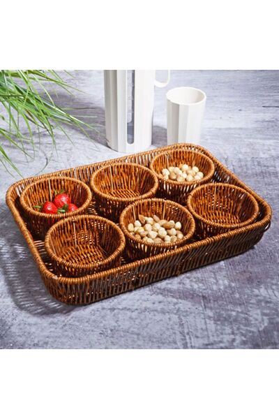 Kosova 7 Parça Rattan Hasır Örmeli Sunum Tabağı - Tepsili Çerezlik Set