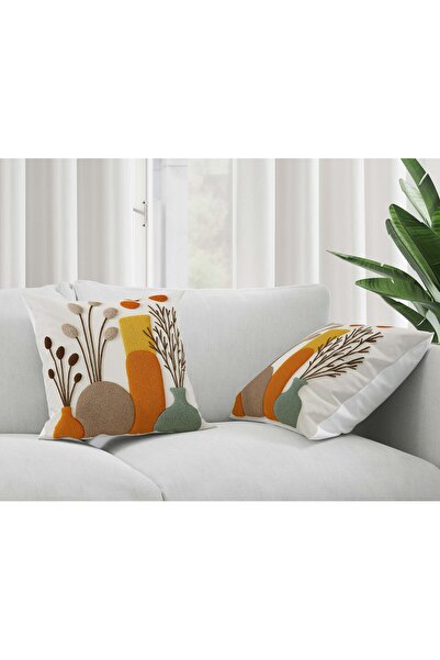 Şah Dekor Punch Embroidery Pattern Digital Printed Yellow Orange Coffee Autumn Themed 2-Piece Throw Pillow Cover