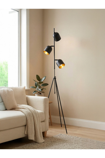 Alldesco Tripod Lambader 3 Başlıklı Siyah Metal Gövde Ayarlanabilir Modern Ay...
