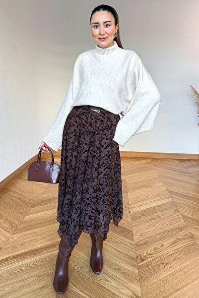 Cappmoda ETK-1286 Kahverengi Flok Baskı Desenli Astarlı Midi Etek