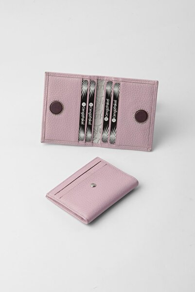 CENGİZ PAKEL Genuine Leather Unisex Card Holder with Hidden Magnet Detail - 2520 - Lilac/Plum