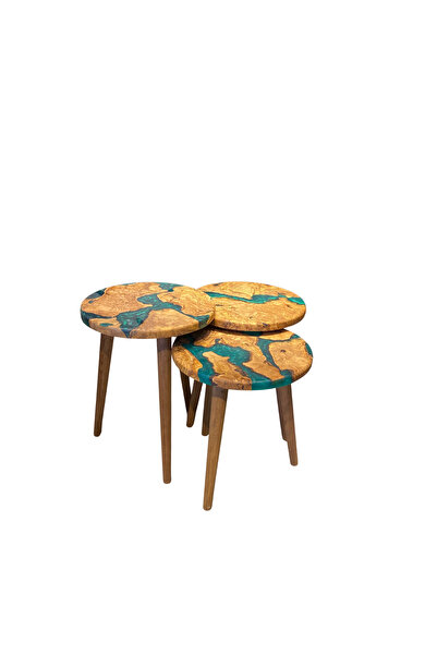 GökçesanSehpa Ahşap & Epoksi 3'lü Zigon Sehpa Zeytin Ağacı Yeşil Doğal ve Dayanıklı