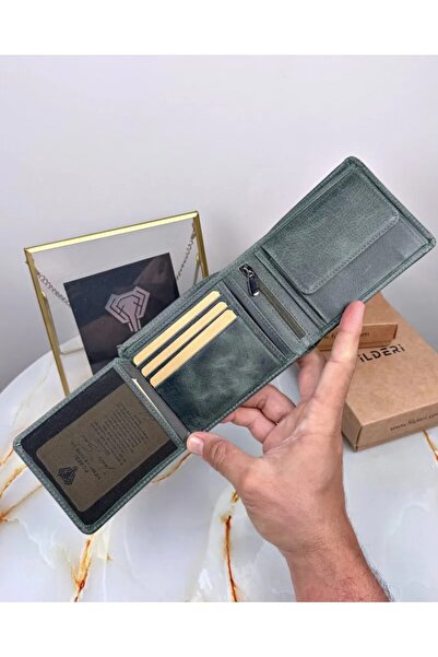 Fil Deri Genuine Leather Men's Wallet with Coin Compartment and Special Compartments, Green Color 2016