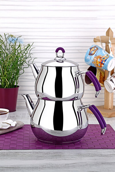 Porsima Metal Handle Plum Globe Maxi Size Stainless Steel Induction Base 2.0-3.3 Lt Teapot Set
