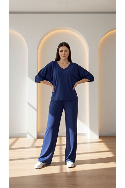 Enteks Bol Kesim V Yaka Yarım Kollu Pijama Takımı (BÜYÜK BEDEN)
