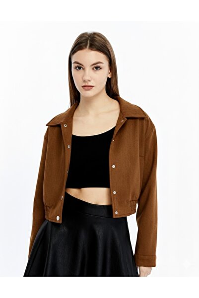 l o v m i Women's Tan Suede Crop Jacket Bomber Cut Snap Fastener Transitional Jacket