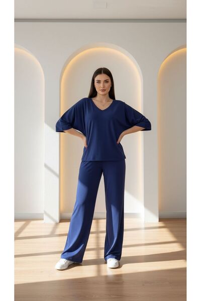 Enteks Bol Kesim V Yaka Yarım Kollu Pijama Takımı