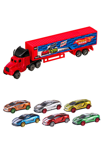 Toysan KIRMIZI Metal Tırlı 7’li Mini Araba Seti – 1 Tır + 6 Metal Araba (1/64...